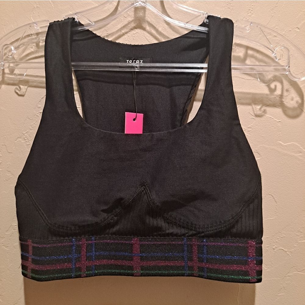 TEREZ PLAID GLITTER ELASTIC RIBBED BLACK SPORTS BRA Small Black/purple
